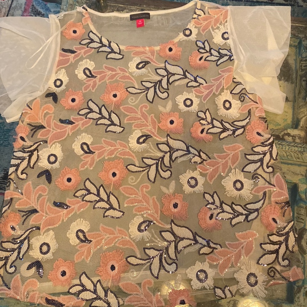 Vince Camuto blouse. Beautiful flower detail with pink and ivory thread.